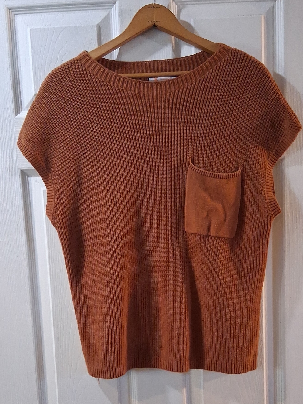 Sleeveless Knit Pocket Sweater in Rust Orange - Women Vest